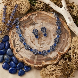 DIVYORO ELEGANT OXIDIZED <b>SILVER</b> NECKLACE DEEP BLUE CIRCULAR STONES Women's Floral Link Adjustable Length for Party Occasions - Product Image 3