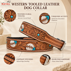 Collar de Cuero para Perro con Diseños Florales Tallados al Estilo Western |   Collar Ajustable para Mascotas con Hebillas Plateadas, Hecho a Mano - Product Image 5