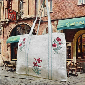Sac fourre-tout d'été bohème à fleurs pour femme indienne, avec fermeture éclair, poche matelassée unique, organiseur de cosmétiques, en pur coton, imprimé sérigraphié - Product Image 1