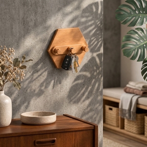 Porte-clés mural hexagonal moderne en bois de pin écologique, 3 crochets, auto-adhésif, sans perçage, organisateur d'entrée pour la maison - Product Image 1
