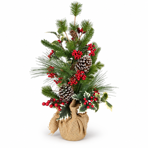 Árbol de Navidad Artificial Rústico de 2 pies con Ramas Flocadas, Cardenales Rojos, Piñas, Bayas de Algodón y Base de Yute - Product Image 2