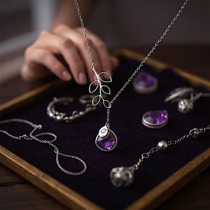 Collier en argent améthyste, rhodium mat, pendentif vintage en forme de branche et de goutte d'eau violette, bijoux artisanaux en pierres précieuses, cadeau pour fiançailles et fêtes - Product Image 5