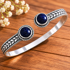 Artisan Blue Sandstone Open Bangle Gold & <b>Silver</b> Plated Unisex Bohemian Jewelry Bulk Supply - Product Image 4