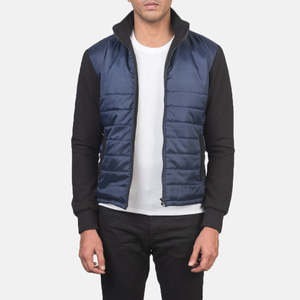 Veste matelassée bleu marine pour homme avec manches noires, col montant, fermeture éclair, coupe-vent décontractée en polyester rembourré, idéale pour l'automne - Product Image 1