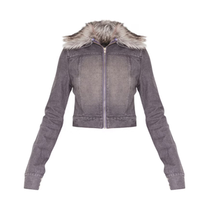 Veste universitaire de motard en cuir avec garniture en fourrure délavée grise personnalisée pull d'hiver surdimensionné pour Femme chemises en Jean Bomber de style général pour femmes - Product Image 1