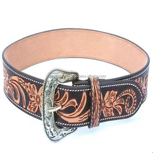 Ceinture western personnalisée usinée à la main en cuir véritable design floral ceinture d'outillage en cuir occidental robuste boucle amovible - Product Image 1