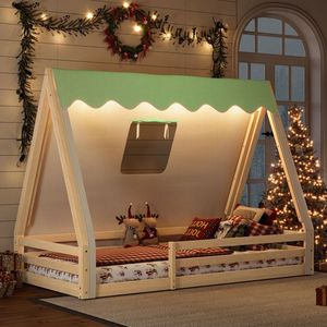 Letto a terra Montessori in legno massello per bambini, con tenda, luci e sponde di sicurezza a tutta lunghezza, design a casetta e tenda da campeggio - Product Image 3