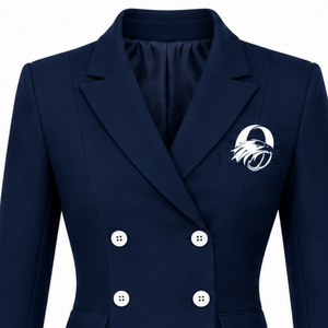 Blazer sur mesure bleu marine pour femme, croisé, coupe ajustée, manches longues, veste de costume formelle pour le bureau avec logo sur la poitrine - Product Image 3