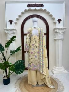 Cream Floral Embroidered Salwar Kameez Set <b>Shawl</b> Indian Pakistani Clothing for <b>Wedding</b> Festival Wear - Product Image 3