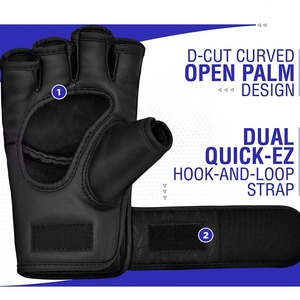 Gants de MMA demi-doigts avec fermeture Velcro, noir, bleu, blanc, pour adultes, entraînement et sparring d'arts martiaux - Product Image 6
