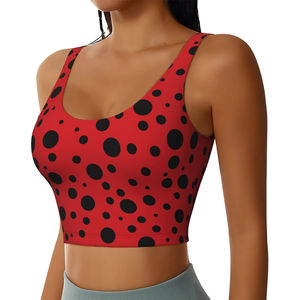 Soutien-gorge de sport léger, simple, respirant et écologique pour femme, avec logo frontal, maintien élevé, idéal pour le fitness et le yoga, couleur rouge, motif à pois noirs - Product Image 4