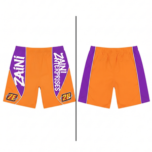 Shorts décontractés pour hommes en polyester/nylon de qualité supérieure 110 GSM, orange avec empiècements contrastants, fermeture à cordon sur le devant, sport - Product Image 1