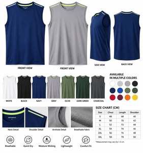 Performance Sleeveless Tank <b>Top</b> Crew Neck Solid <b>Navy</b> Blue Contrast Binding Sweat-Wicking Polyester Men's Workout Shirt - Product Image 4