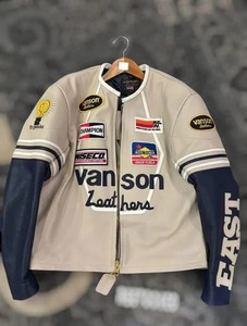 แจ็กเก็ตหนังขี่มอเตอร์ไซค์ Vanson แจ็คเก็ตสไตล์นักขี่จักรยานสีครีม & สีน้ำเงิน - Product Image 1