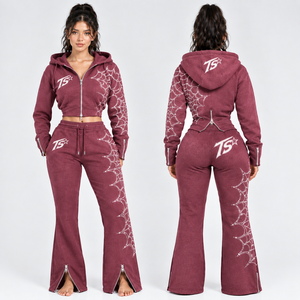 Women's 2 Piece Polyester/Cotton Loose Fit Tracksuit Set <b>Cropped</b> Zip Hoodie Wide Leg Sweatpants Side Stripe Sporty <b>Jogger</b> Black - Product Image 4