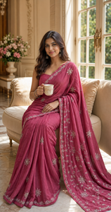 Sari indien en georgette pour mariée, broderie florale, tenue de mariage, sari traditionnel pour fête, couleur magenta, pour femmes - Product Image 3