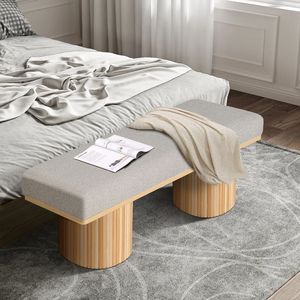 Panca/Poggiapiedi Contemporaneo in Tessuto Bouclé Grigio Chiaro con Gambe Robuste, Sgabello Imbottito Ottomana per Camera da Letto e Soggiorno - Colore Naturale - Product Image 1