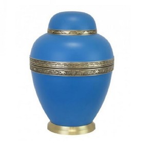 Urnas de cremación de latón nuevas de alta calidad con tapa de cúpula, banda pulida y acabado en color azul para cenizas funerarias. - Product Image 1