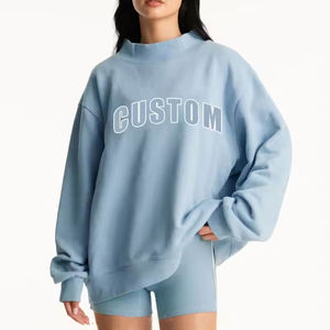 Women's Oversized Crew Neck Sweatshirt Light Blue Custom Letter Print <b>Drop</b> Shoulder Long Sleeve Knitted Cotton Autumn Wear - Product Image 1