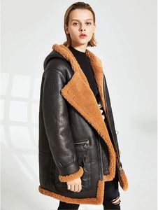 Men's <b>Winter</b> Warm Sheepskin Leather Bomber <b>Jacket</b> with Fur Trim Hooded Woolen Fabric OEM Service Finished - Product Image 3
