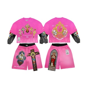 Conjunto de Camiseta Oversize con Estampado Puff para Hombre, Estilo Urbano, Manga Raglán, Tejido de Poliéster, Pantalones Cortos Transpirables de Verano - Product Image 1