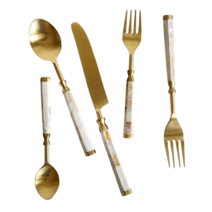 Juego de cubiertos dorados mate con mangos de nácar, aptos para lavavajillas, elegantes juegos de cubiertos para bodas en oferta. - Product Image 6