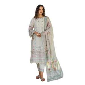 Elegante Vestido Salwar Kameez Casual de Verano para Mujer Musulmana, Bordado con Encaje y Botones, de Algodón Puro Pakistaní - Product Image 1