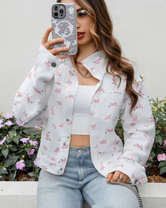 Women's Floral Print Denim Breathable Zip-Up <b>Jacket</b> Formal Spring Outerwear Regular Fit White with <b>Pink</b> Flowers Rhinestone - Product Image 5