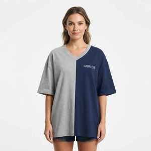 Camiseta Oversize de Mujer con Bloques de Color, Cuello en V, Hombros Caídos, Manga Media, Ajuste Holgado, 100% Algodón Jersey - Product Image 3