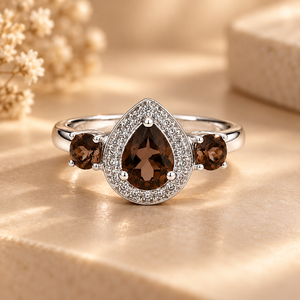 Bague Halo en Argent Sterling 925 avec Topaze Fumée Coupe Poire, Bague de Fiançailles Classique pour Femme avec Pierre Précieuse - Product Image 1