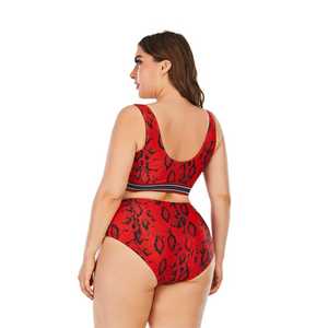 <b>Red</b> Leopard Print Two Piece Bikini Set Scoop Neck High Waist Plus Size Spandex Polyester <b>Crop</b> <b>Top</b> With Contrast Binding - Product Image 3