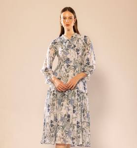 Reliable Quality Cotton Blend White Floral Printed Fit & Flared Dress with <b>Three</b>-Quater Sleeves for Women Holiday Daily Wears - Product Image 1