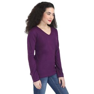 Camiseta de Punto de Manga Larga con Cuello en V para Mujer, Color Morado, Corte Regular, Informal, para Todas las Temporadas - Product Image 1