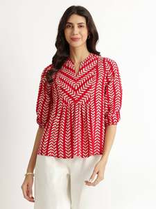 Chemise en coton à imprimé géométrique rouge, manches trois quarts, col en V, coupe ample, avec manches bouffantes, tenue décontractée d'été - Product Image 2