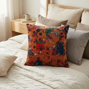 <b>Orange</b> Velvet Cushion Cover with Multicolor Floral Vine Print Decorative <b>Throw</b> Pillow for Sofa Bedroom and Home Decor - Product Image 4