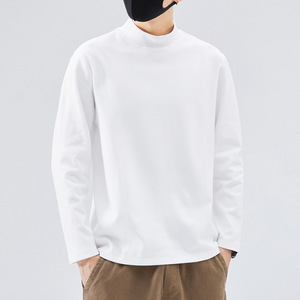 เสื้อยืดคอกลมแขนยาวผู้ชายคุณภาพสูง สีขาวล้วน ผ้าคอตตอนผสม สไตล์ลำลอง ทรงเข้ารูป เสื้อซับในคอเต่า - Product Image 2