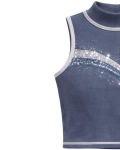 Débardeur côtelé bleu acier personnalisé pour femme avec col montant et motif vague en strass, sans manches, été, fabrication sur mesure - Product Image 4