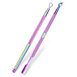 Kit d'outils de manucure réutilisable en acier inoxydable à double extrémité pour repousser les cuticules, design couleur arc-en-ciel - Product Image 1
