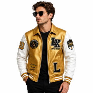 Custom Gold White Leather Varsity <b>Jacket</b> <b>Men</b> Luxury Letterman Bomber Chenille Embroidered Patches Front High Quality OEM Service - Product Image 1