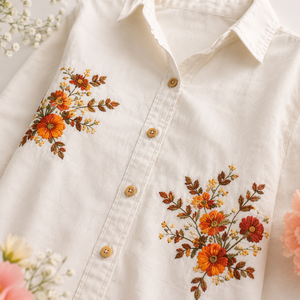 <b>Women</b> Premium White Cotton <b>Shirt</b> Orange Floral Embroidery Full Sleeve Button Down Casual <b>Dress</b> Blouse for B2B Buyers - Product Image 2