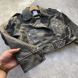 Custom Women High Quality Vintage Washed Faux Leather <b>Biker</b> <b>Jacket</b> Wholesale Belted Cropped - Product Image 3
