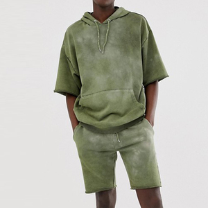 Ensemble short et sweat à capuche décontracté pour homme, vert délavé, coupe ample en coton, survêtement d'été avec poches latérales et taille élastique - Product Image 4