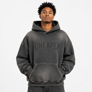 Sudadera con Capucha Extra Grande para Hombre, Color Negro Lavado, con Logotipo en Relieve, Estilo Urbano, de Algodón y Felpa - Product Image 1