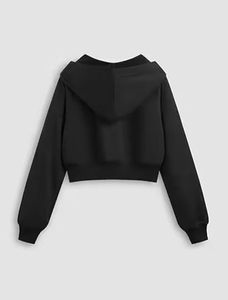 Sudadera con capucha negra para mujer, con cremallera, hombros caídos, manga larga, estilo casual, corta, de color liso. - Product Image 3