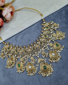 Tear Drop Motif <b>Pearl</b> Fringe <b>Necklace</b> <b>Set</b> With Earrings & Mangtika Gold Plated Wedding Reception Ethnic Jewellery <b>Set</b> Wholesaler - Product Image 5