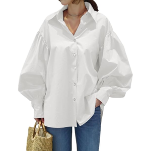 Camisa con botones y mangas abullonadas para mujer, blusa informal de corte holgado, top con cuello y manga larga para uso diario y de oficina - Product Image 1