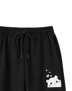 Conjunto de Sudadera con Capucha Blanca con Estampado de Dibujos Animados y Pantalones Deportivos Negros para Mujer, Sudadera de Forro Polar con Pantalones a Juego, Atuendo Informal y Bonito - Product Image 5