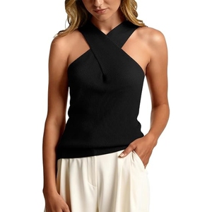 Women's Criss-<b>Cross</b> Neck Knitted Tank <b>Top</b> Solid Black Breathable Minimalist Style Regular Length Spandex Polyester Blend - Product Image 1