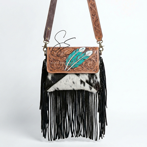 Handmade Western Tooled Leather Crossbody Bag Real Cowhide Fur Fringe Handbag Vintage Boho Shoulder Bag for Women Cowgirl <b>Purse</b> - Product Image 1