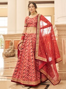 <b>Red</b> Embroidered Modern Floral Lehenga Choli Art <b>Silk</b> Evening Dress with Net Dupatta Natural Waistline Traditional Wedding Outfit - Product Image 3